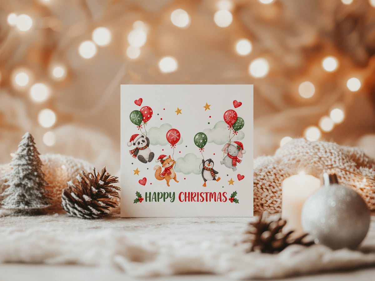 Cute Animal Christmas Card – Panda, Fox, Penguin & Elephant