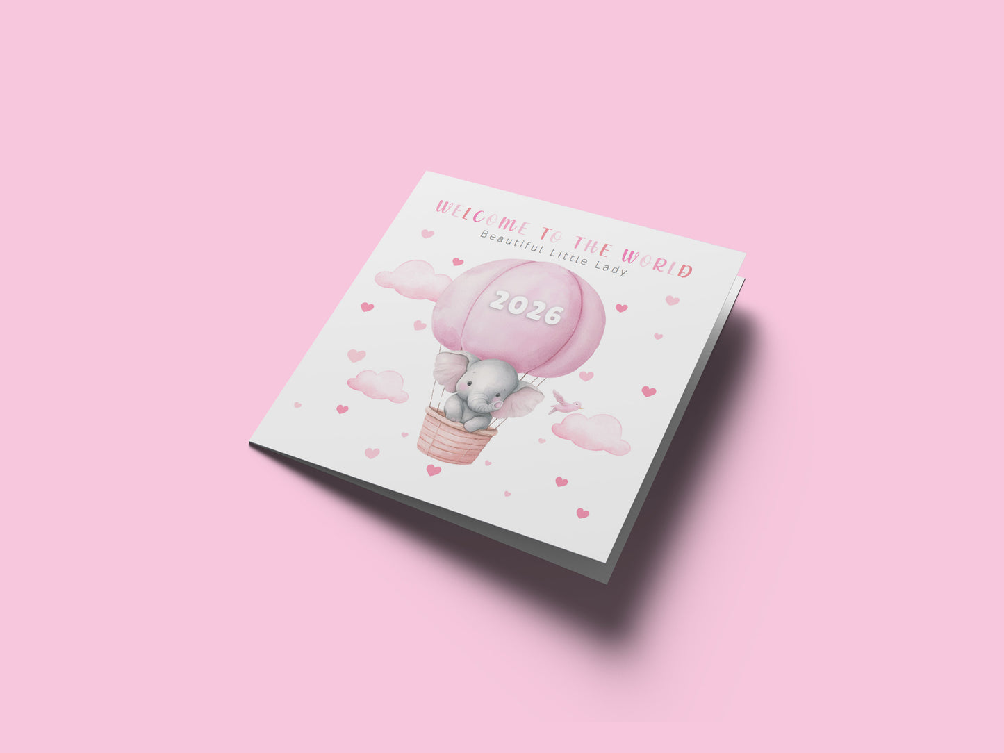 2026 New Baby Girl Card Congratulations for Newborn Daughter, Granddaughter, Niece, Little One - Welcome To The World Card with Elephant and Hot Air Balloon Design - Pink Envelope Included