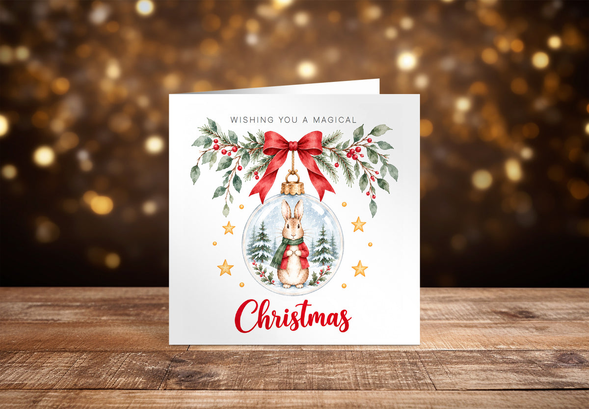 Festive Christmas card for Boys – Red Bunny in a Christmas Bauble