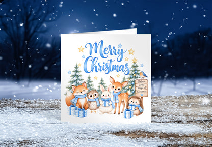 Blue Forest Christmas Card for Boys – Cute Christmas Woodland Animals