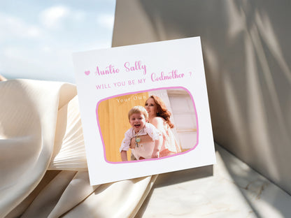 Personalised Photo Godmother Proposal Card -  Will You Be My Godmother Card with Custom Name and Photo - Elegant Personalised Baptism Christening Day Proposal Card - Pink Envelope Included