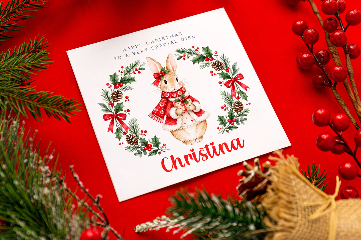 Personalised Christmas Card for Girls – Festive Bunny and Xmas Wreath