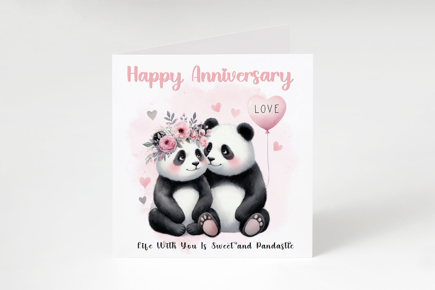 Cute Panda Couple Anniversary Card for Wedding, Dating, Relationship Milestones 1st, 2nd, 3rd, 5th, 10th, 20th 30th - For Him, Her, Wife, Husband, Couples - Pink Envelope Included