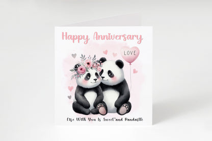 Cute Panda Couple Anniversary Card for Wedding, Dating, Relationship Milestones 1st, 2nd, 3rd, 5th, 10th, 20th 30th - For Him, Her, Wife, Husband, Couples - Pink Envelope Included