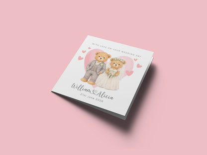 Personalised Wedding Card for Bride & Groom with Custom Names & Date -  Cute Teddy Bear Design Wedding Greeting Keepsake Card for Him or Her - Pink Envelope Included