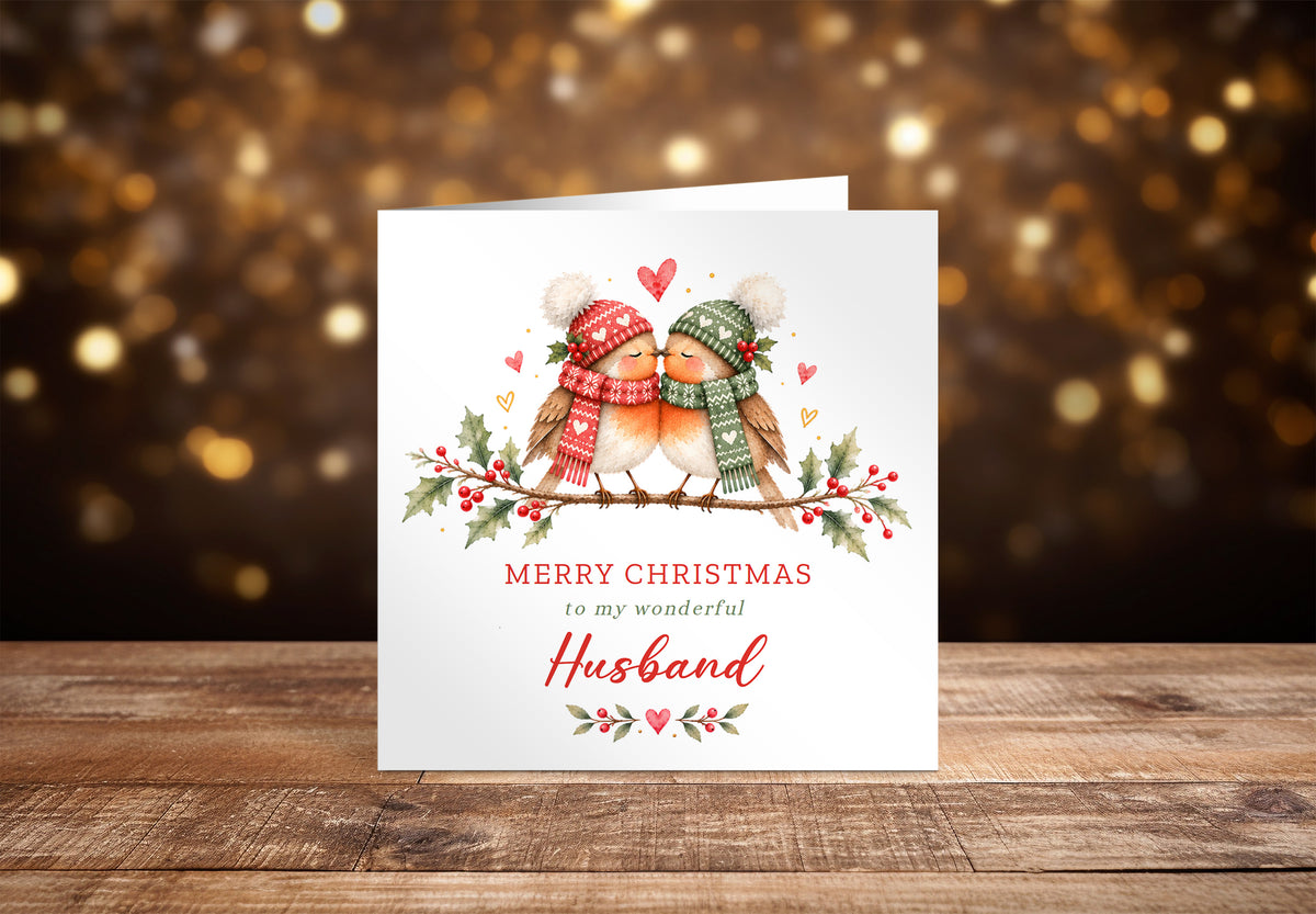 Cute Robin Couple Christmas Card for Husband – Merry Christmas My Wonderful Husband