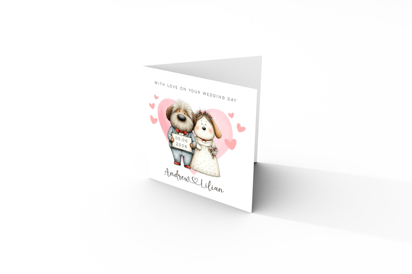 Personalised Wedding Card – Custom Couple's Names & Wedding Date – Cute Dogs Design - Wedding Congratulations Card for Newlywed couples, Dog Lovers, Him or Her - Pink Envelope Included