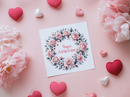 Elegant Floral Happy Anniversary Card - Romantic Pink Rose Wreath Design for Wedding, Dating, Relationship Milestones –1st, 2nd, 3rd, 5th, 10th, 20th - For Him, Her, Wife, Husband, Couples