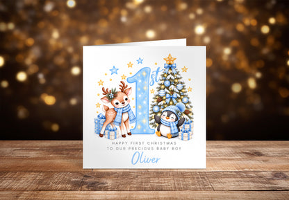 Personalised Baby Boy's 1st Christmas Card – Reindeer & Penguin
