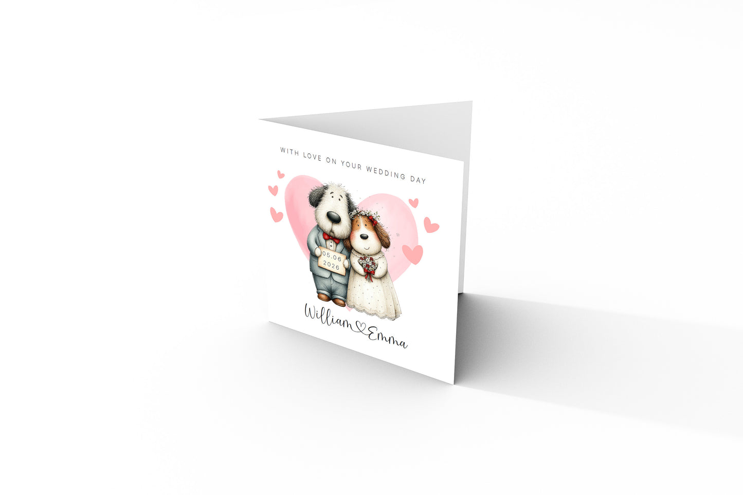 Personalised Wedding Card –with Custom Couple's Names & Wedding Date – Cute Dogs Design - Wedding Congratulations Card for Newlywed couples, Dog Lovers, Him or Her - Pink Envelope Included