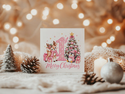 Baby Girl's 1st Christmas Card – Pink Reindeer & Penguin