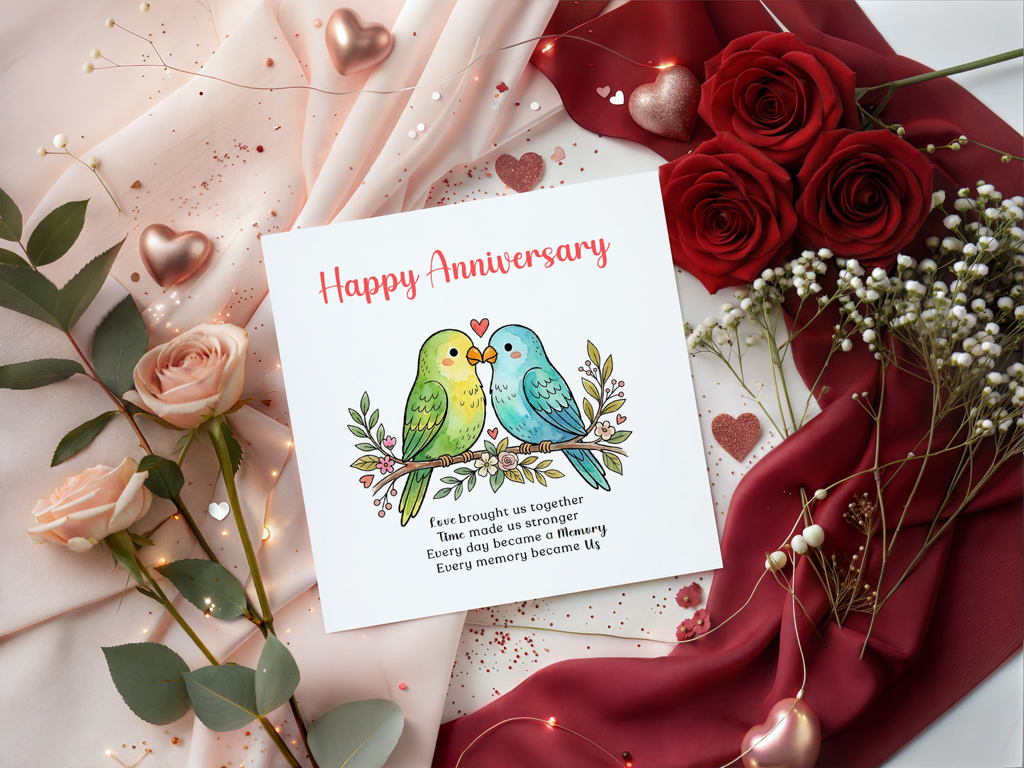 Cute Love Birds Anniversary Card with Romantic Poem for Wedding, Dating, Relationship Milestones –1st, 2nd, 3rd, 5th, 10th, 20th - For Him, Her, Wife, Husband, Couples