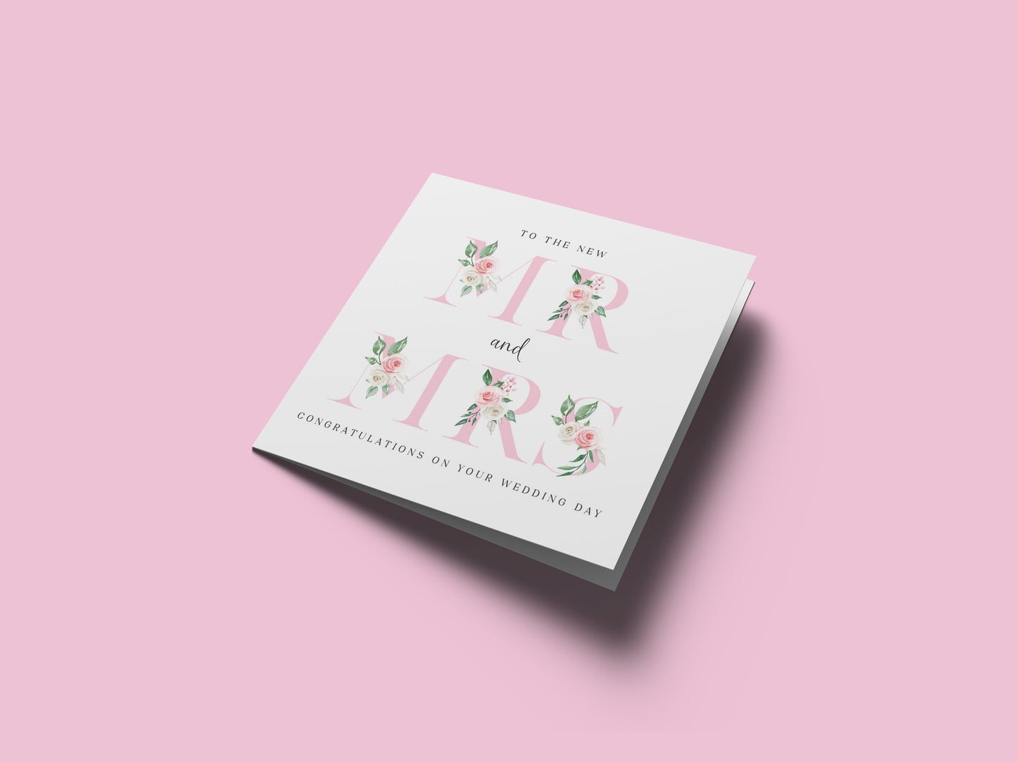 New Mr & Mrs Wedding Card  – Elegant Floral Letters Design - Romantic Wedding Congratulations Keepsake Card for Newlywed couples, Him or Her - Pink Envelope Included