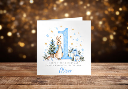Personalised Christmas Card for Baby Boys – Cute Blue Rabbit and Number 1