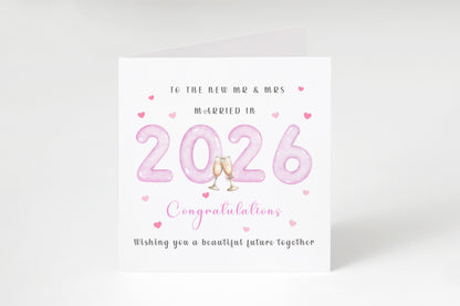 2026 New Mr & Mrs Wedding Card – Pink 2026 Champagne Toast Design – Congratulations Card for Newlyweds – Pink Envelope Included