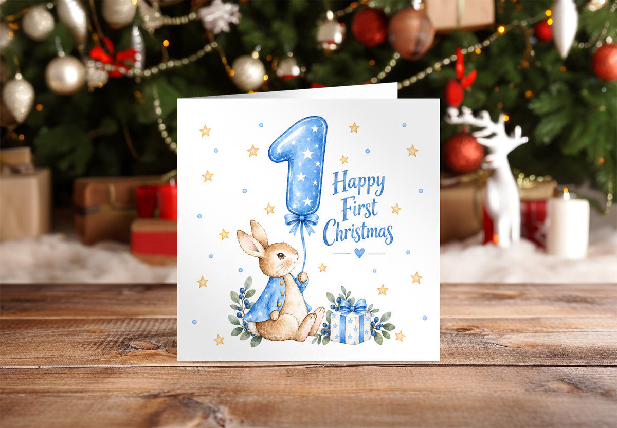 Happy Baby Boy's First Christmas Card – Blue Cute Bunny Design