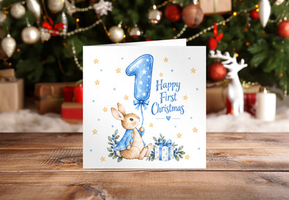 Happy Baby Boy's First Christmas Card – Blue Cute Bunny Design