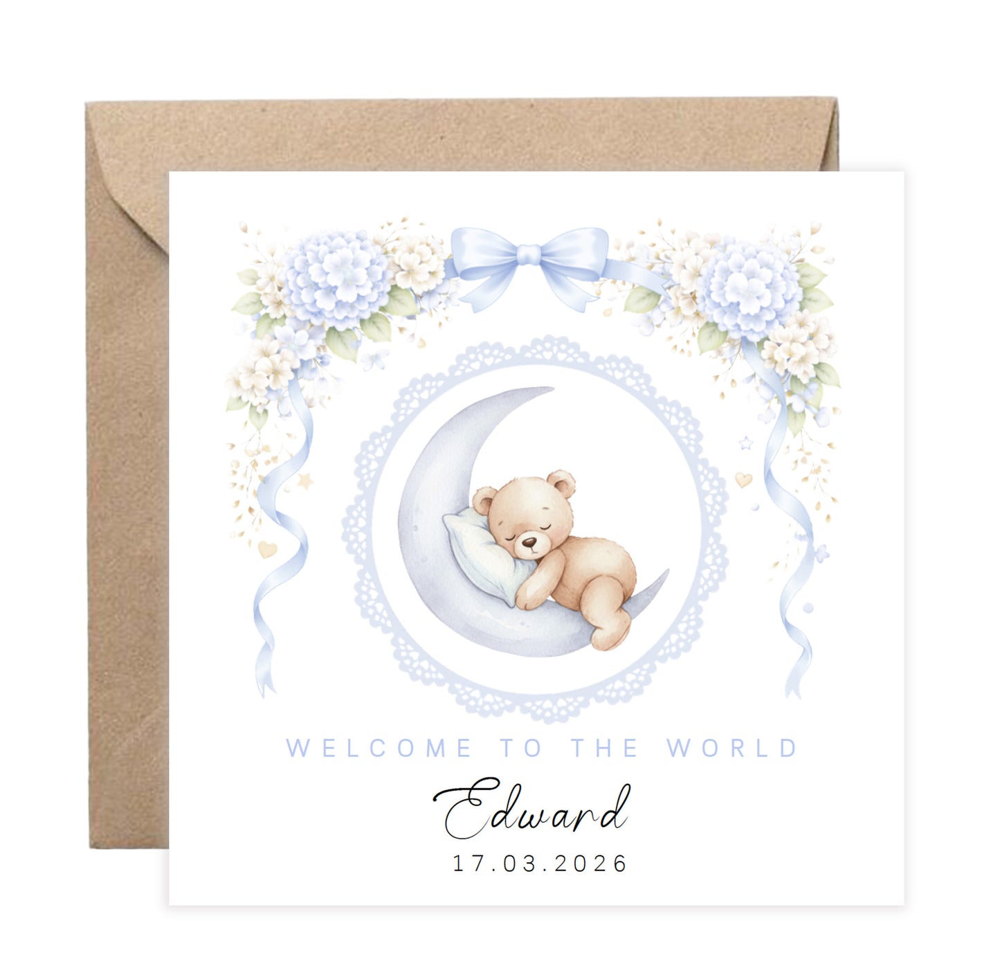 Personalised New Baby Boy Card Congratulations for Newborn Son, Grandson, Nephew, Welcome To The World Card - Cute Teddy Bear Moon Design with Custom Name and Date - Blue Envelope Included
