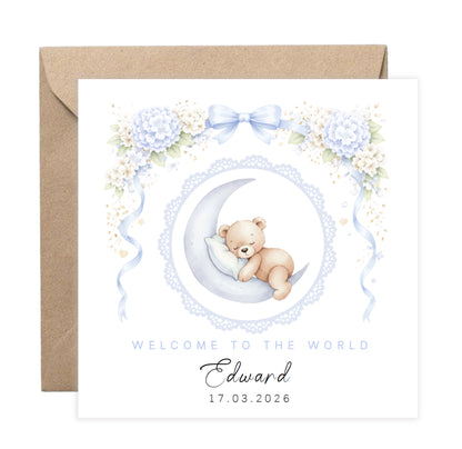 Personalised New Baby Boy Card Congratulations for Newborn Son, Grandson, Nephew, Welcome To The World Card - Cute Teddy Bear Moon Design with Custom Name and Date - Blue Envelope Included