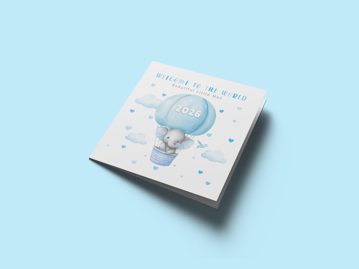 2026 New Baby Boy Card Congratulations for Newborn Son, Grandson, Nephew, Little One - Welcome To The World, Baby Shower Card - Elephant in a Hot Air Balloon Design  - Blue Envelope Included