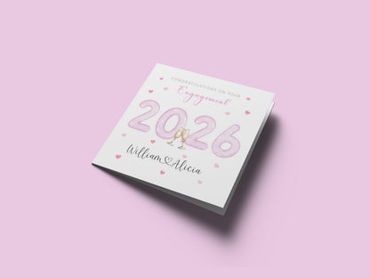 2026 Personalised Engagement Card with Custom Couple's Names – 2026 Champagne Toast Design - Congratulations Engagement Card for Newly Engaged Couples, Him or Her - Pink Envelope Included