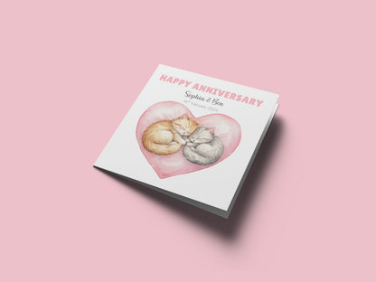 Personalised Cute Cats Anniversary Card - Custom Couple Names & Date for Wedding, 1st, 2nd,10th, 20th - For Cat Lovers, Him, Her, Wife, Husband - Pink Envelope Included
