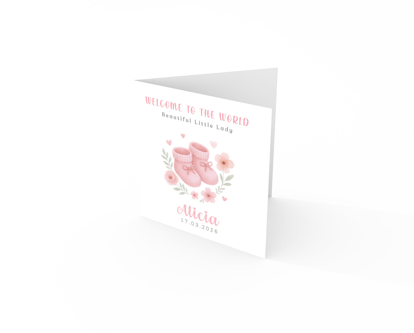 Personalised New Baby Girl Card Congratulations for Newborn Daughter, Granddaughter, Niece - Welcome To The World Card with Pink Baby Shoes Design - Custom Name & Date with Pink Envelope