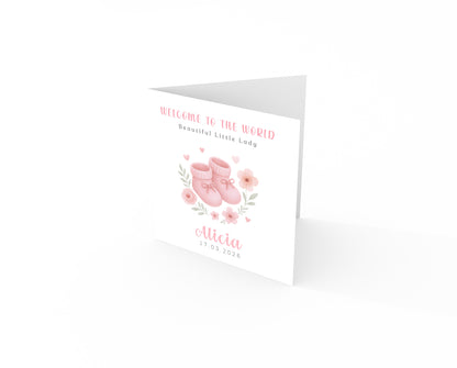 Personalised New Baby Girl Card Congratulations for Newborn Daughter, Granddaughter, Niece - Welcome To The World Card with Pink Baby Shoes Design - Custom Name & Date with Pink Envelope