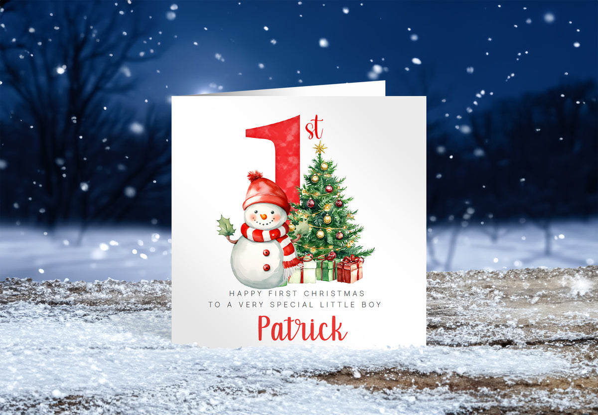 Personalised Baby Boy or Baby Girl's First Christmas Card – Snowman and Xmas Tree