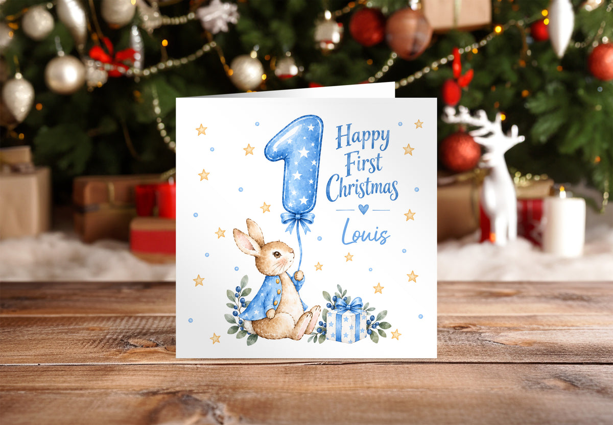 Personalised Baby Boy’s First Christmas Card – Blue Cute Bunny Design