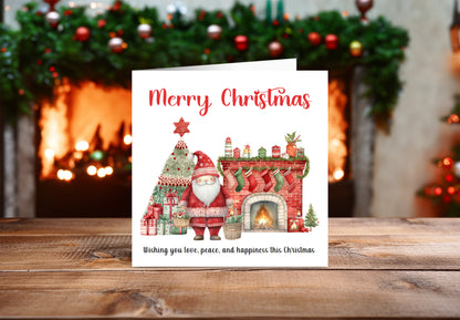Cute Santa Christmas Greeting Card – Watercolour Festive Fireplace Design