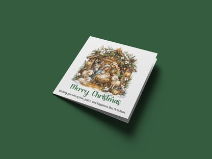Nativity Christmas Card - Cute Sheep, Donkey, Baby Jesus Design - Elegant Religious Christmas Greeting Card