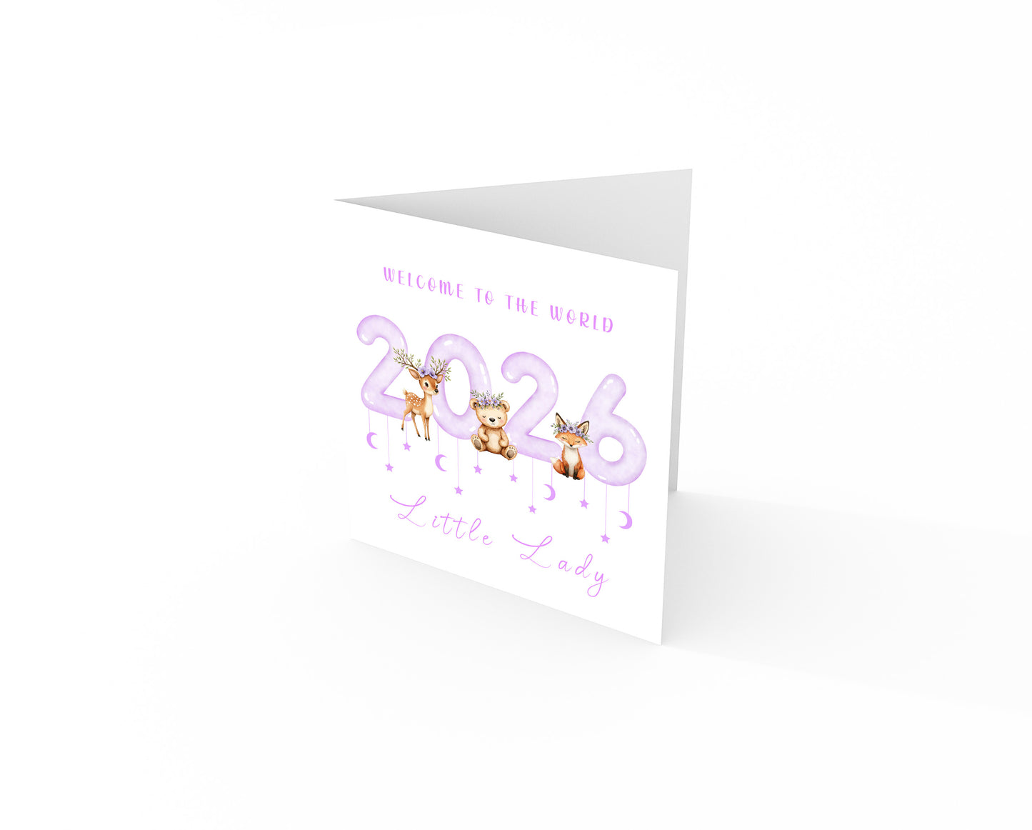 2026 New Baby Girl Card Congratulations for Newborn Daughter, Granddaughter, Niece, Welcome To The World, Baby Shower Card  - Cute Woodland Animals Design - Purple Envelope Included