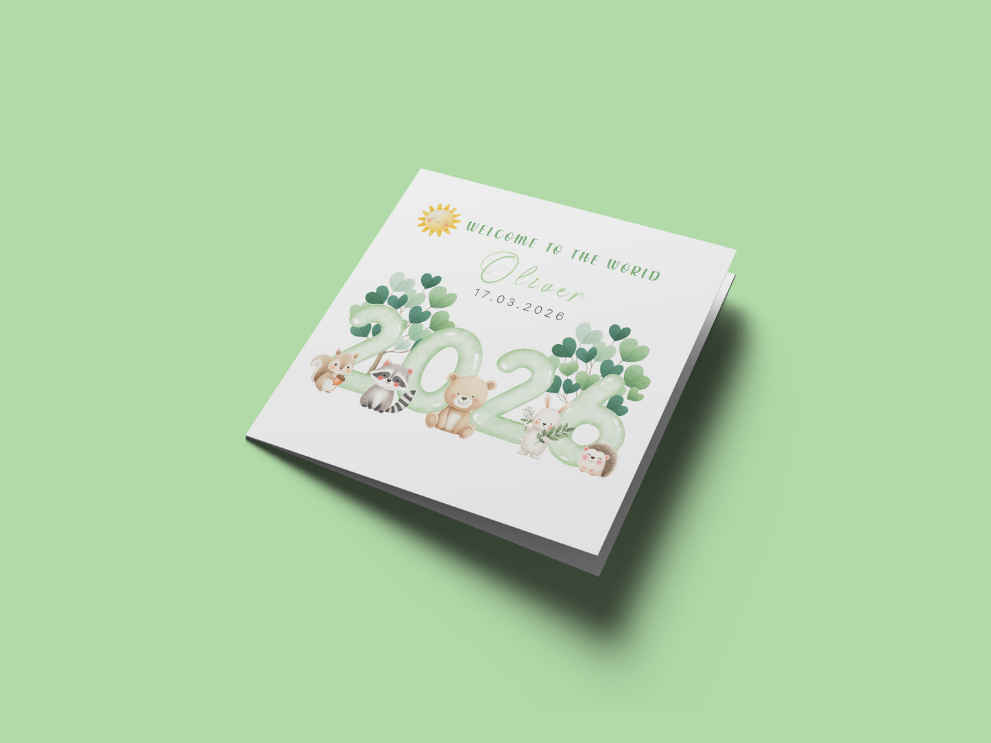 2026 Personalised New Baby Boy Card Congratulations for Newborn Son, Grandson, Nephew - Welcome To The World Card - Cute Woodland Animal Design with Custom Name and Date with Kraft Envelope