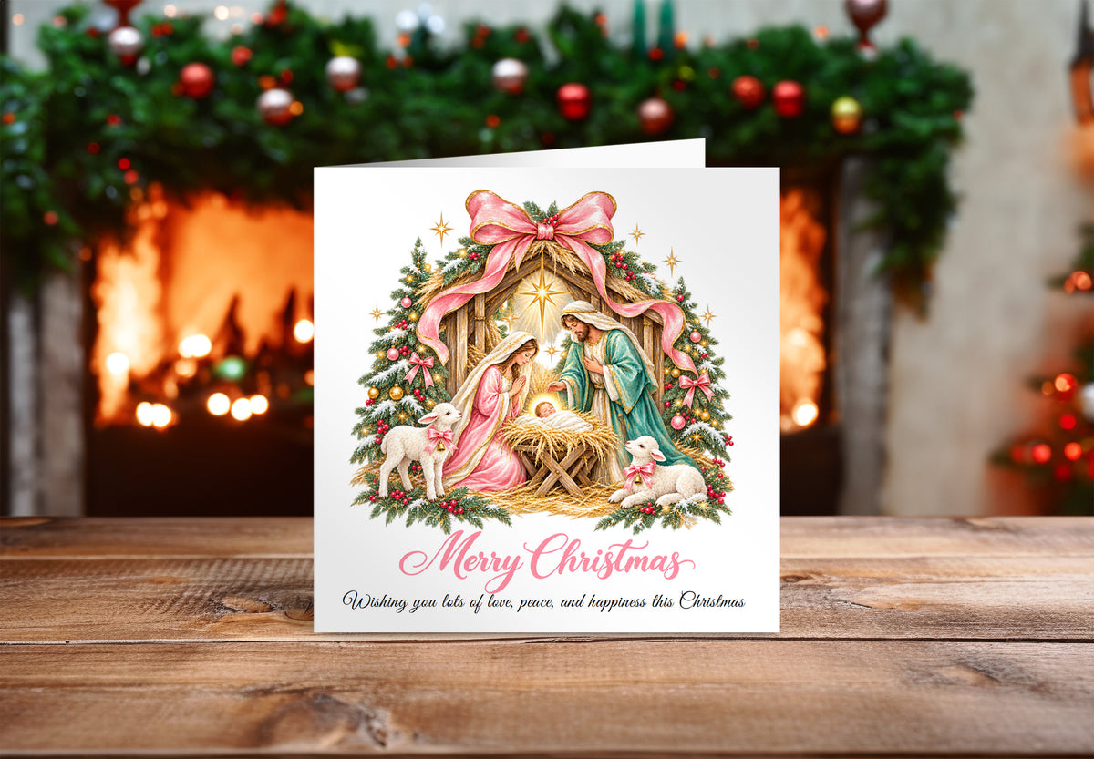 Pink Bow Nativity Christmas Card – Christian Greeting Card