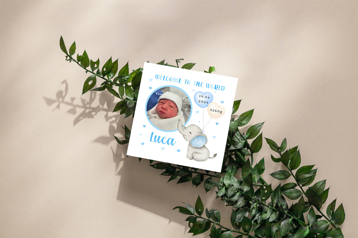 Personalised Photo New Baby Boy Card Congratulations for Newborn Boy, Welcome To The World Card for Son, Grandson, Nephew with Cutstom Photo Frame, Name, Birth Date & Weight with Blue Envelope