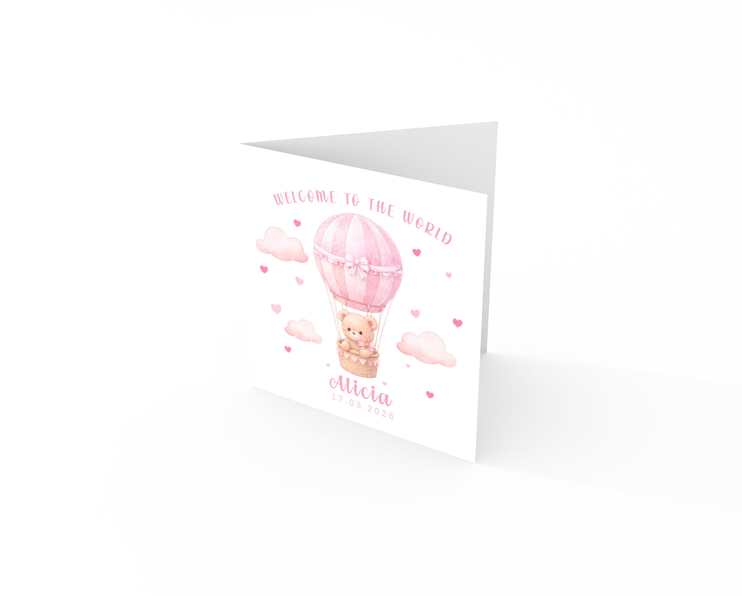 Personalised New Baby Girl Card Congratulations for Newborn Daughter, Granddaughter, Niece - Welcome To The World Card with Teddy Bear & Hot Air Balloon Design - Custom Name & Date with Pink Envelope