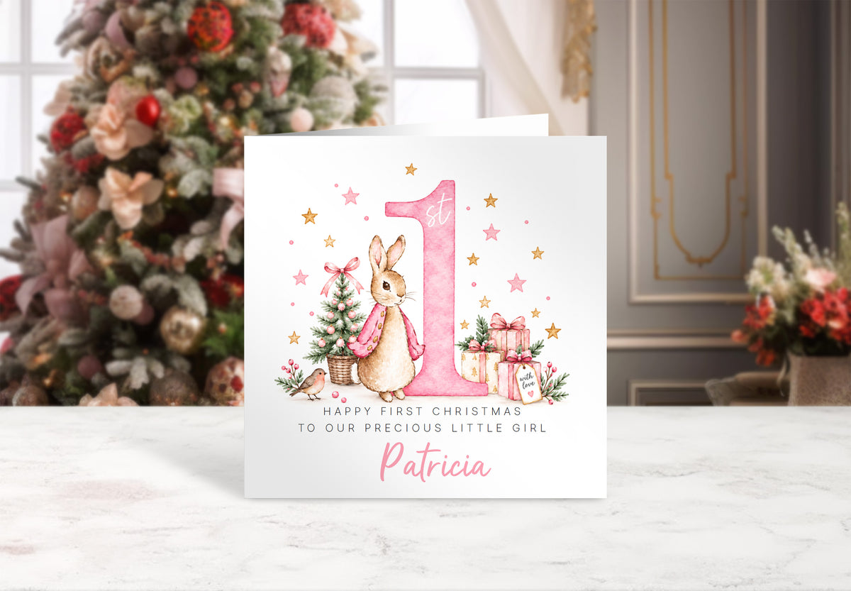 Personalised Christmas Card for Baby Girls – Cute Pink Rabbit and Number 1