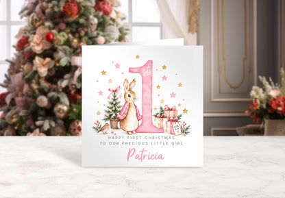 Personalised Christmas Card for Baby Girls – Cute Pink Rabbit and Number 1