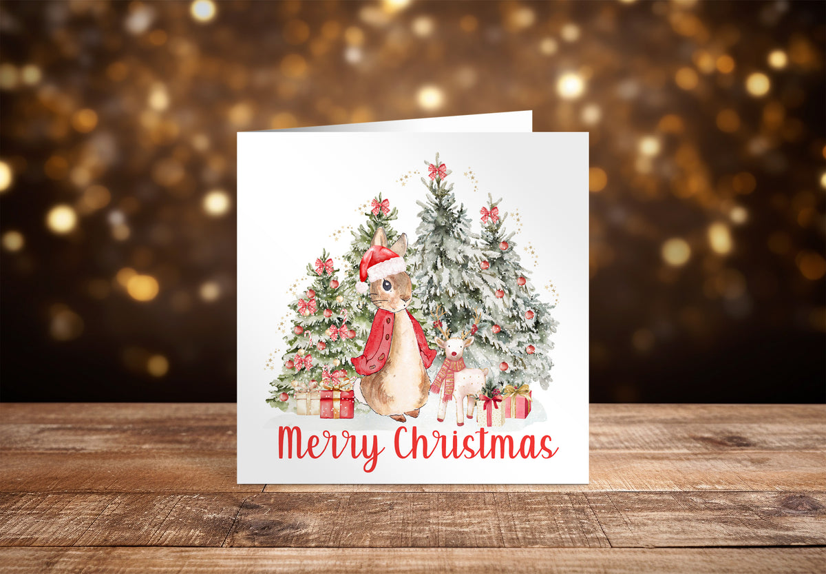 Happy Christmas Card for Girls – Red Rabbit and Christmas Trees