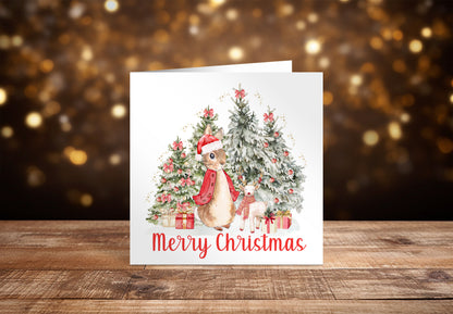 Happy Christmas Card for Girls – Red Rabbit and Christmas Trees