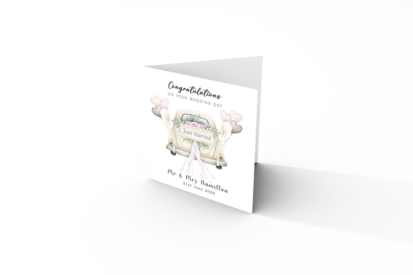 Personalised Wedding Card – Custom Couple's Names or  New Mr & Mrs Surname & Wedding Date – Elegant Wedding Car Design - Wedding Congratulations Card for Newlywed couples - Kraft Envelope Included