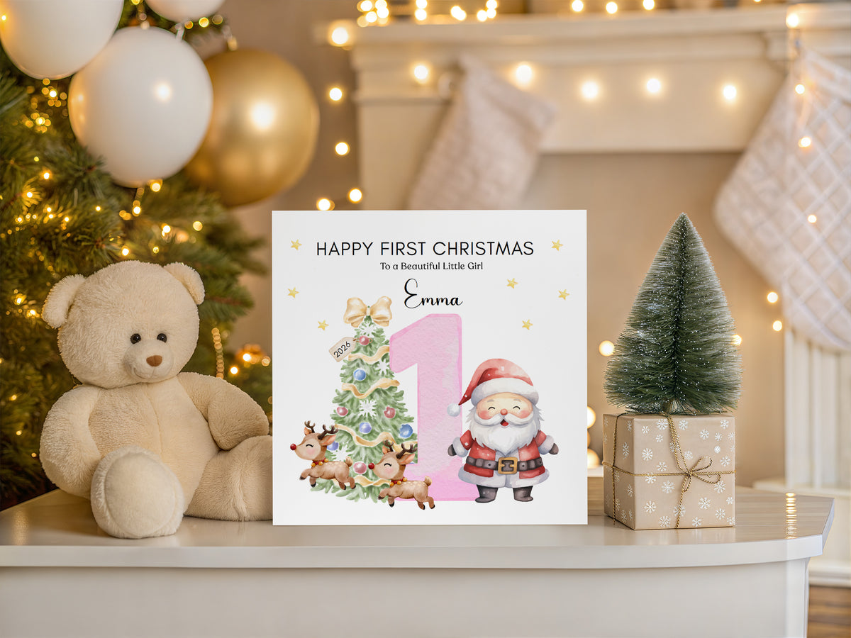 Personalised 1st Christmas Card for Baby Girl– Cute Santa and Xmas Tree Design with Customised Name and Message - First Xmas Card for Daughter, GrandDaughter, Niece - Pink Envelope Included