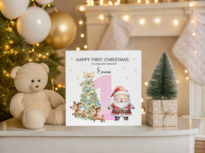 Personalised 1st Christmas Card for Baby Girl– Cute Santa and Xmas Tree Design with Customised Name and Message - First Xmas Card for Daughter, GrandDaughter, Niece - Pink Envelope Included