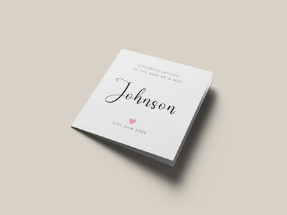 Personalised Wedding Card with Couple's Surname & Date – Minimalist Mr & Mrs Card – Elegant Script Surname Wedding Card – Modern Newlywed Congratulations Card for Him or Her - Kraft Envelope Included