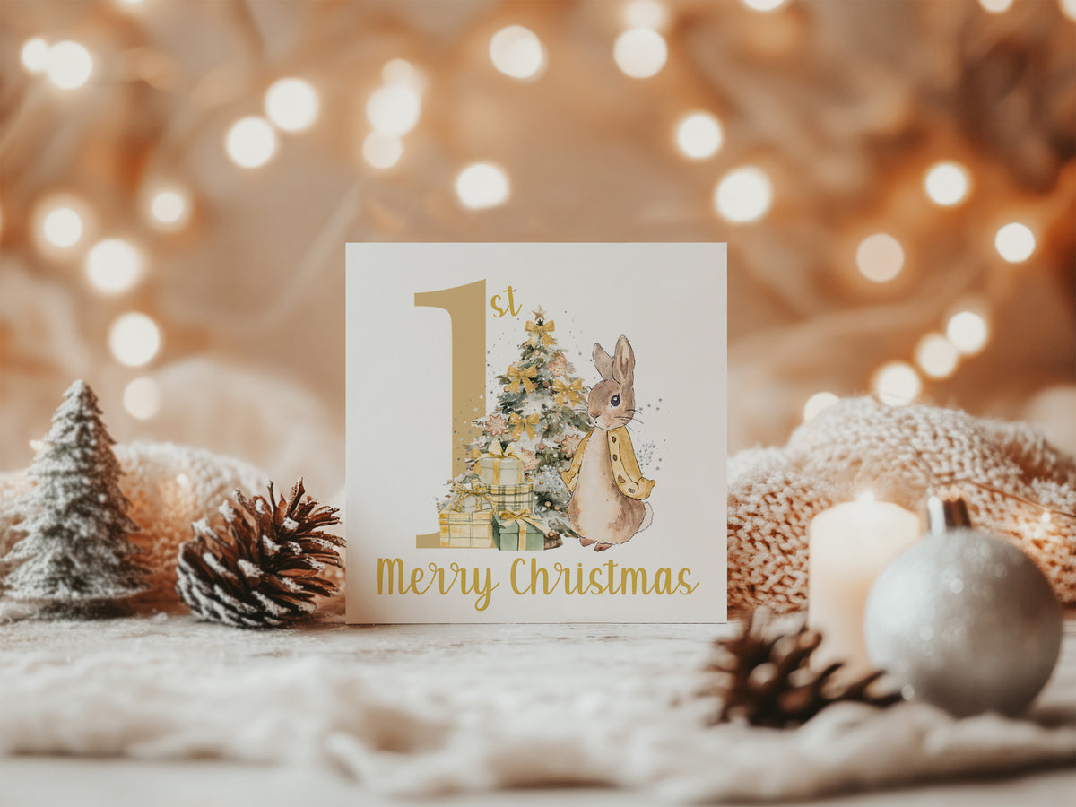 Happy 1st Christmas Card for Baby Boy or Baby Girl – Golden Rabbit and Christmas Trees