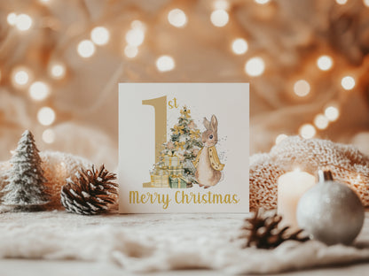 Happy 1st Christmas Card for Baby Boy or Baby Girl – Golden Rabbit and Christmas Trees