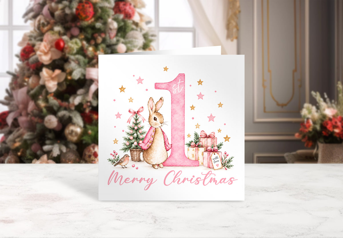 1st Christmas Card for Baby Girls – Cute Pink Rabbit and Number 1