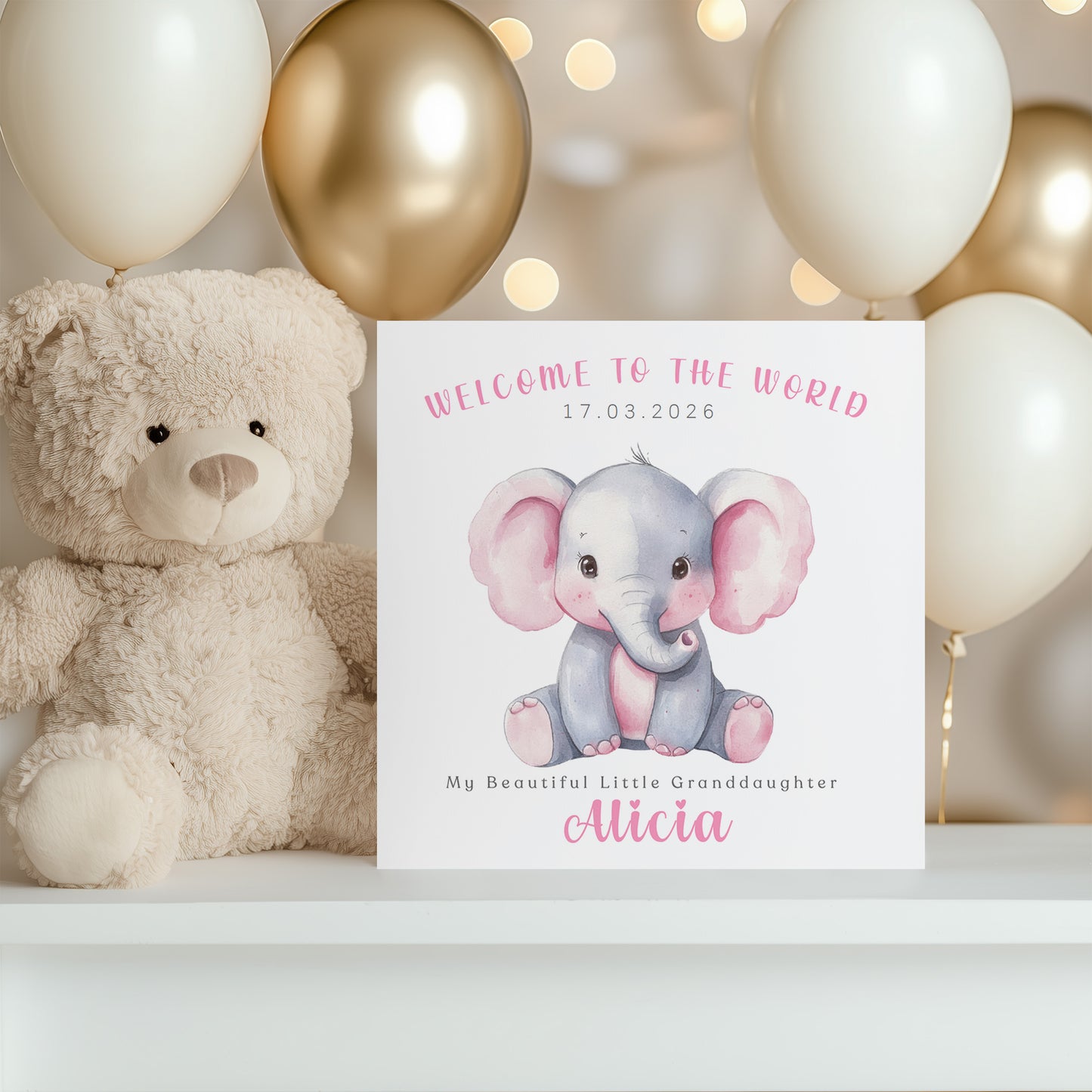 Personalised New Baby Girl Card Congratulations for Newborn Daughter, Granddaughter, Niece, Welcome To The World Card with Elephant Design with Custom Date, Message & Name with Pink Envelope