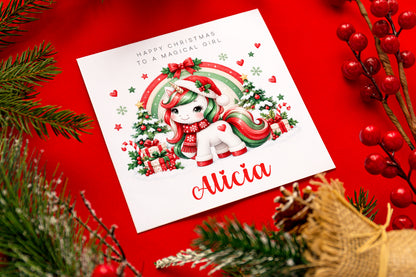 Personalised Christmas Card for Girls – Cute Magical Festive Unicorn